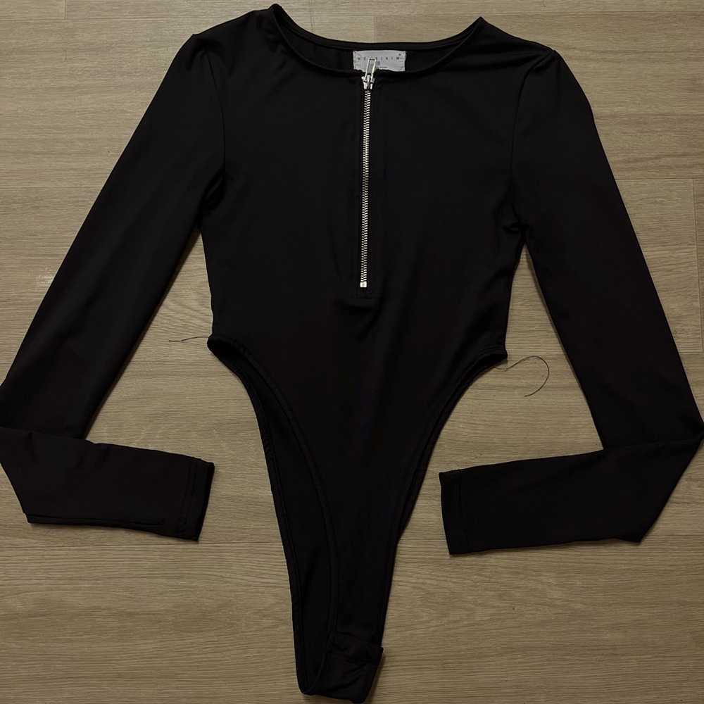 1/4 zip long sleeve black bodysuit